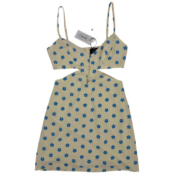 NWT Cider Floral Cutout & Keyhole Cream & Blue Boho Cottagecore Mini Dress - Picture 2 of 16